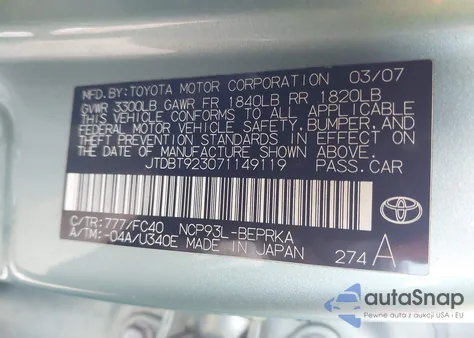 2007 Toyota Yaris from USA, damaged, VIN JTDBT923071149119